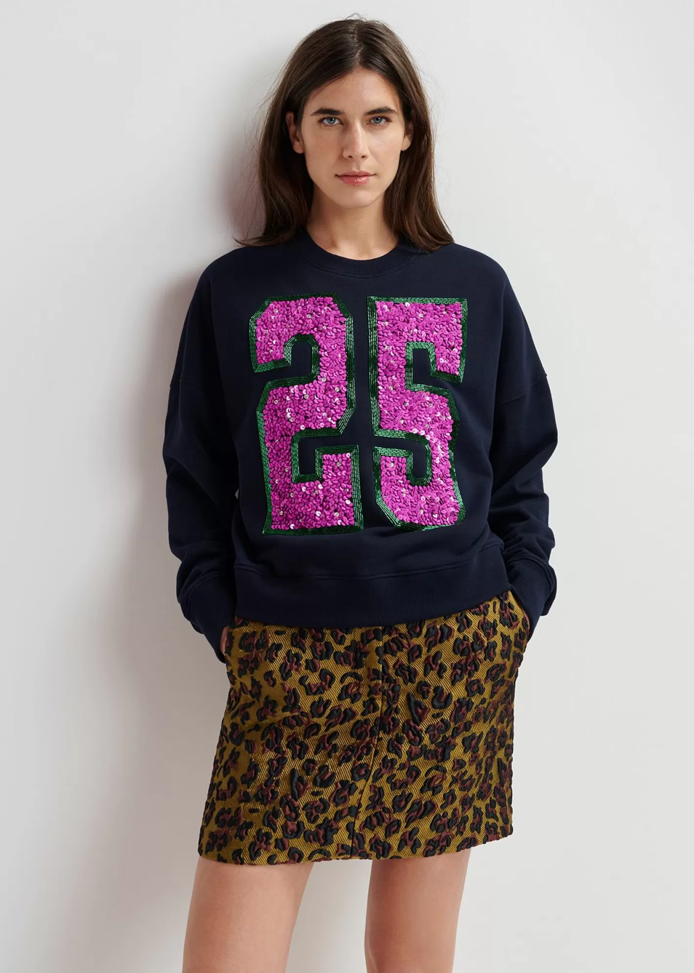 Cheap Navy blue and purple organic cotton sweatshirt with sequin and bead "25" embroideries Fall 2024 Collection | Sweatshirts