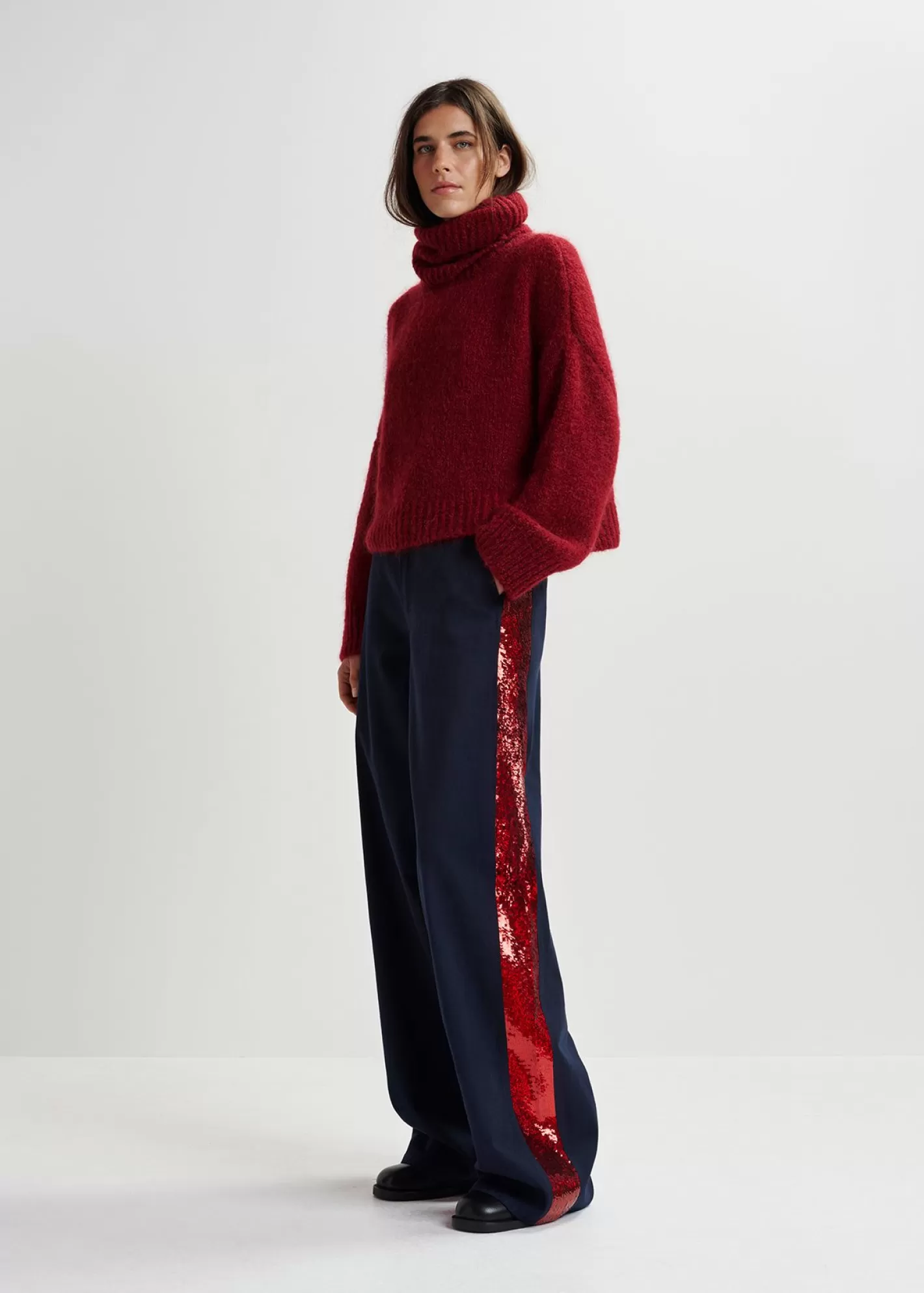 Cheap Navy blue cotton pants with sequin-embellished stripes Fall 2024 Collection | Pants & Shorts