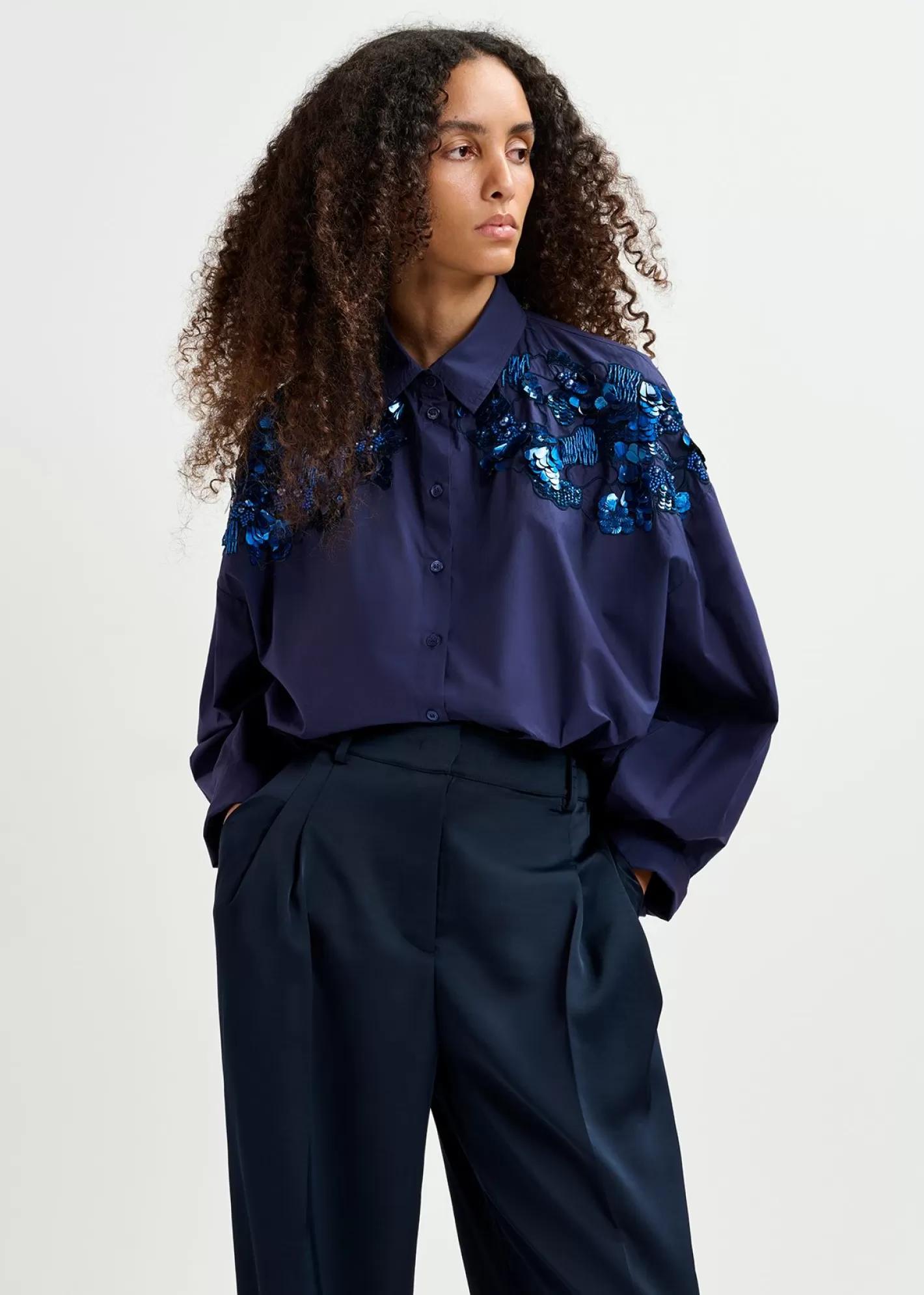 Flash Sale Navy blue cotton shirt with sequin and beaded embroideries Fall 2024 Collection | Tops & Blouses