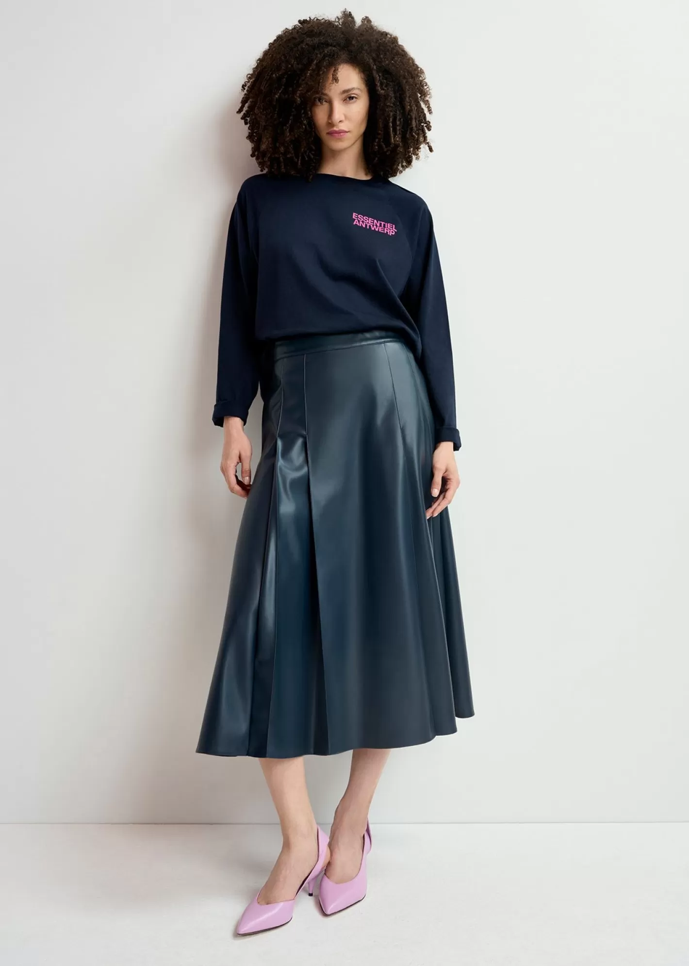 Flash Sale Navy blue faux leather midi skirt Fall 2024 Collection | Skirts