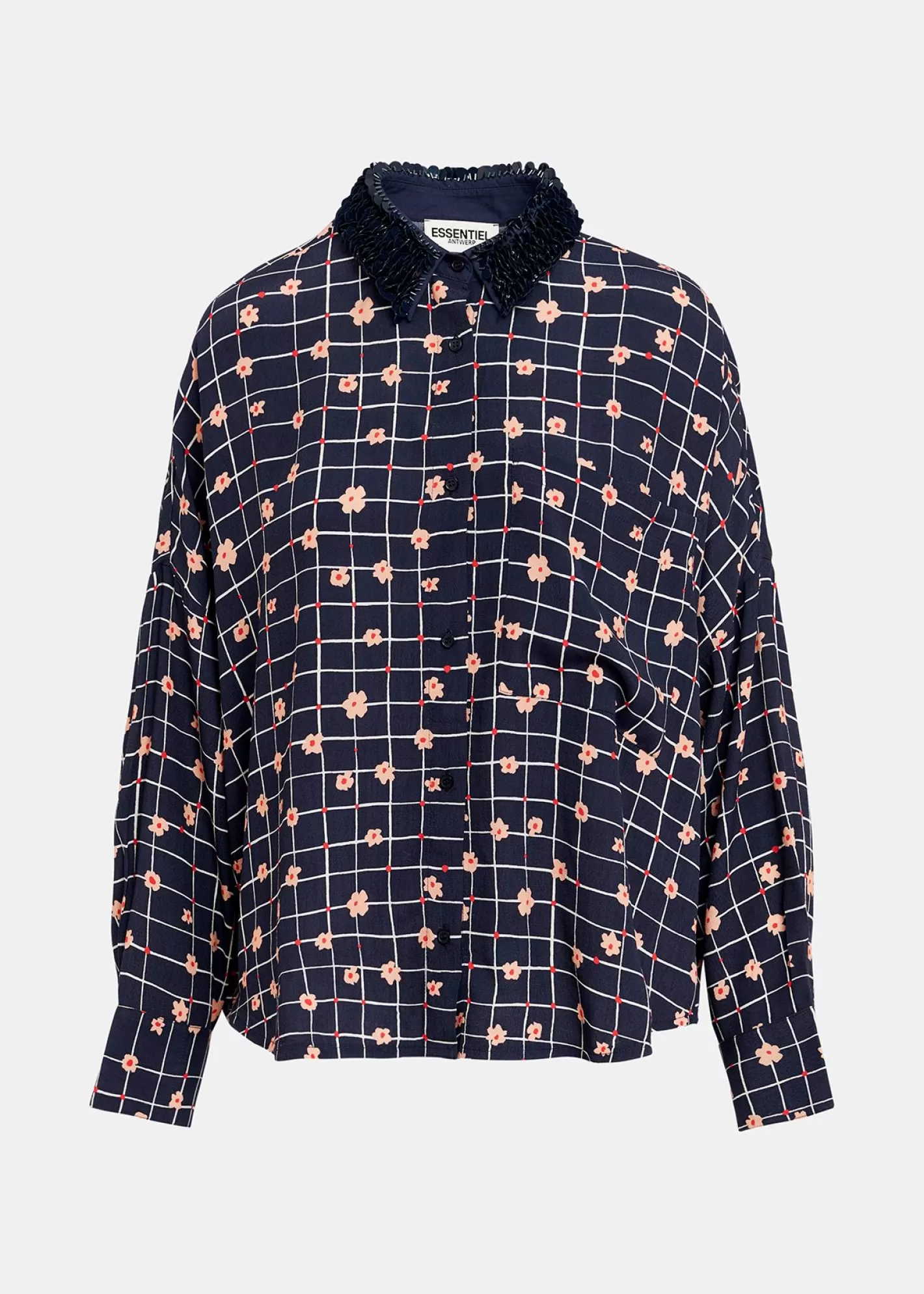 Cheap Navy blue floral-print shirt with sequin-embellished collar Fall 2024 Collection | Prints