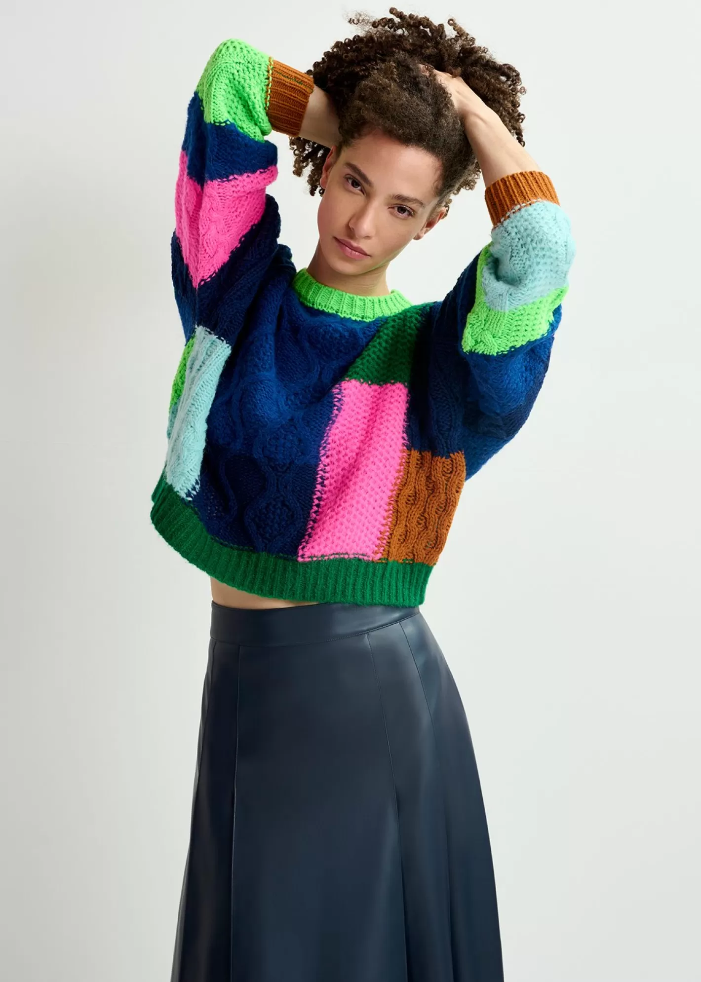 Hot Navy blue, green and neon pink cable-knitted patchwork sweater Fall 2024 Collection | Sweaters & Cardigans