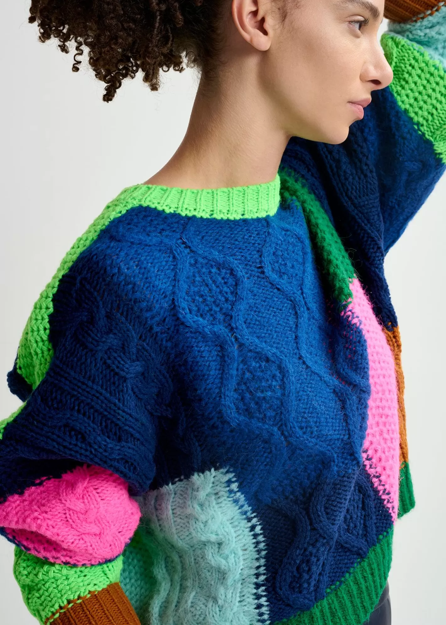 Hot Navy blue, green and neon pink cable-knitted patchwork sweater Fall 2024 Collection | Sweaters & Cardigans