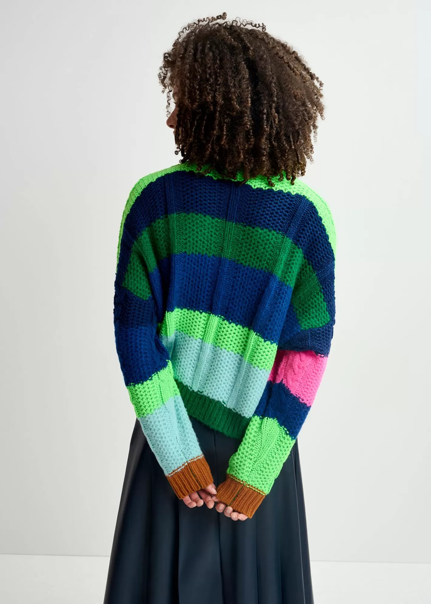 Hot Navy blue, green and neon pink cable-knitted patchwork sweater Fall 2024 Collection | Sweaters & Cardigans