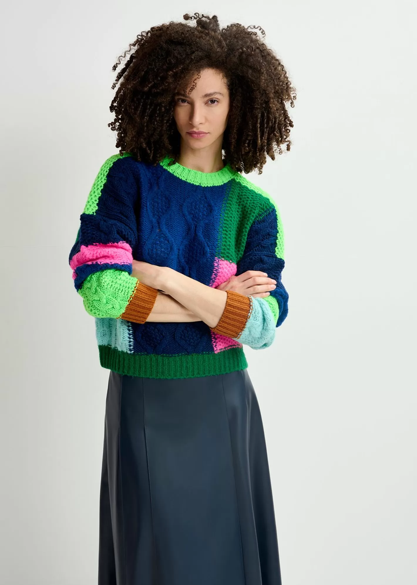 Hot Navy blue, green and neon pink cable-knitted patchwork sweater Fall 2024 Collection | Sweaters & Cardigans
