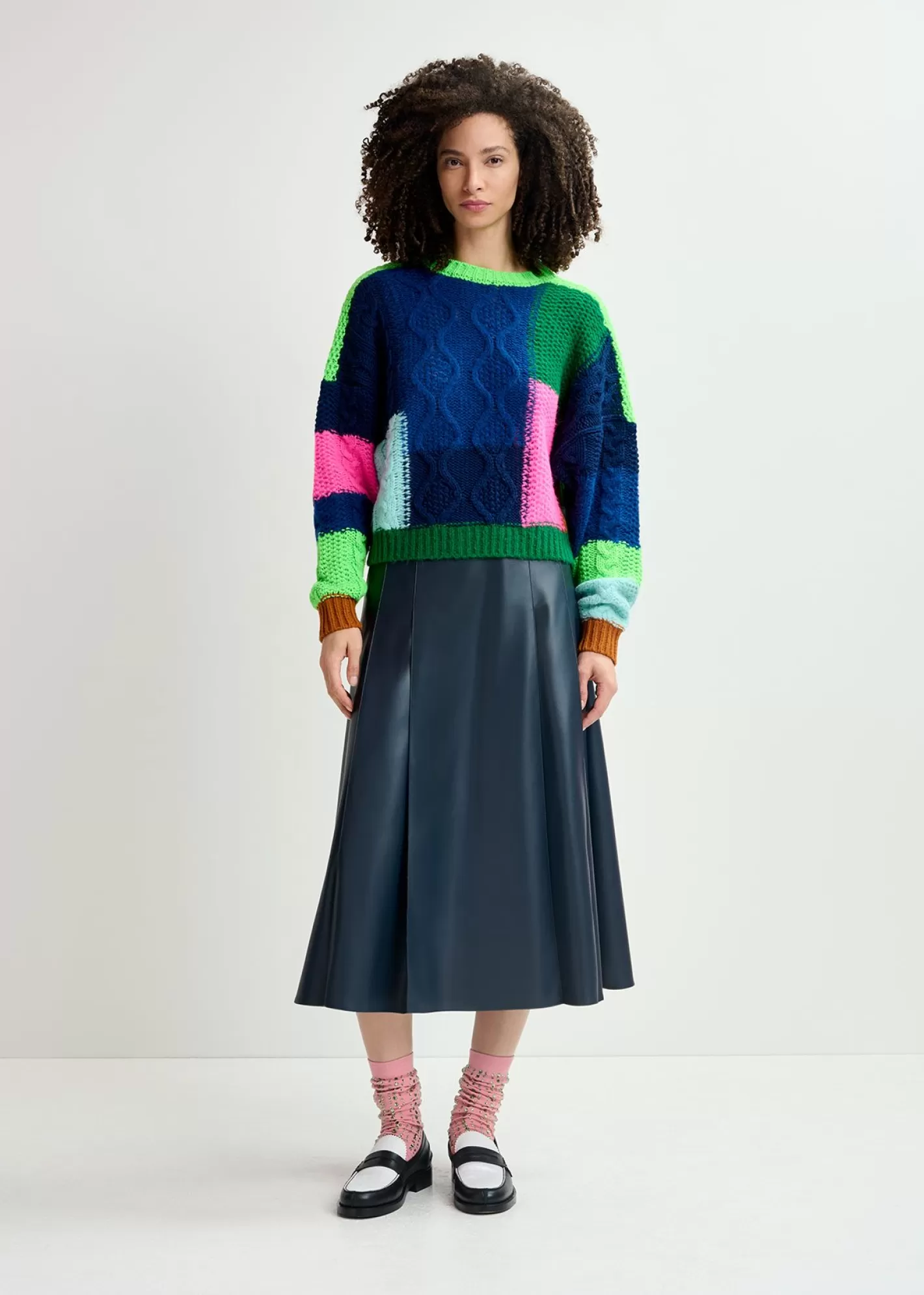 Hot Navy blue, green and neon pink cable-knitted patchwork sweater Fall 2024 Collection | Sweaters & Cardigans