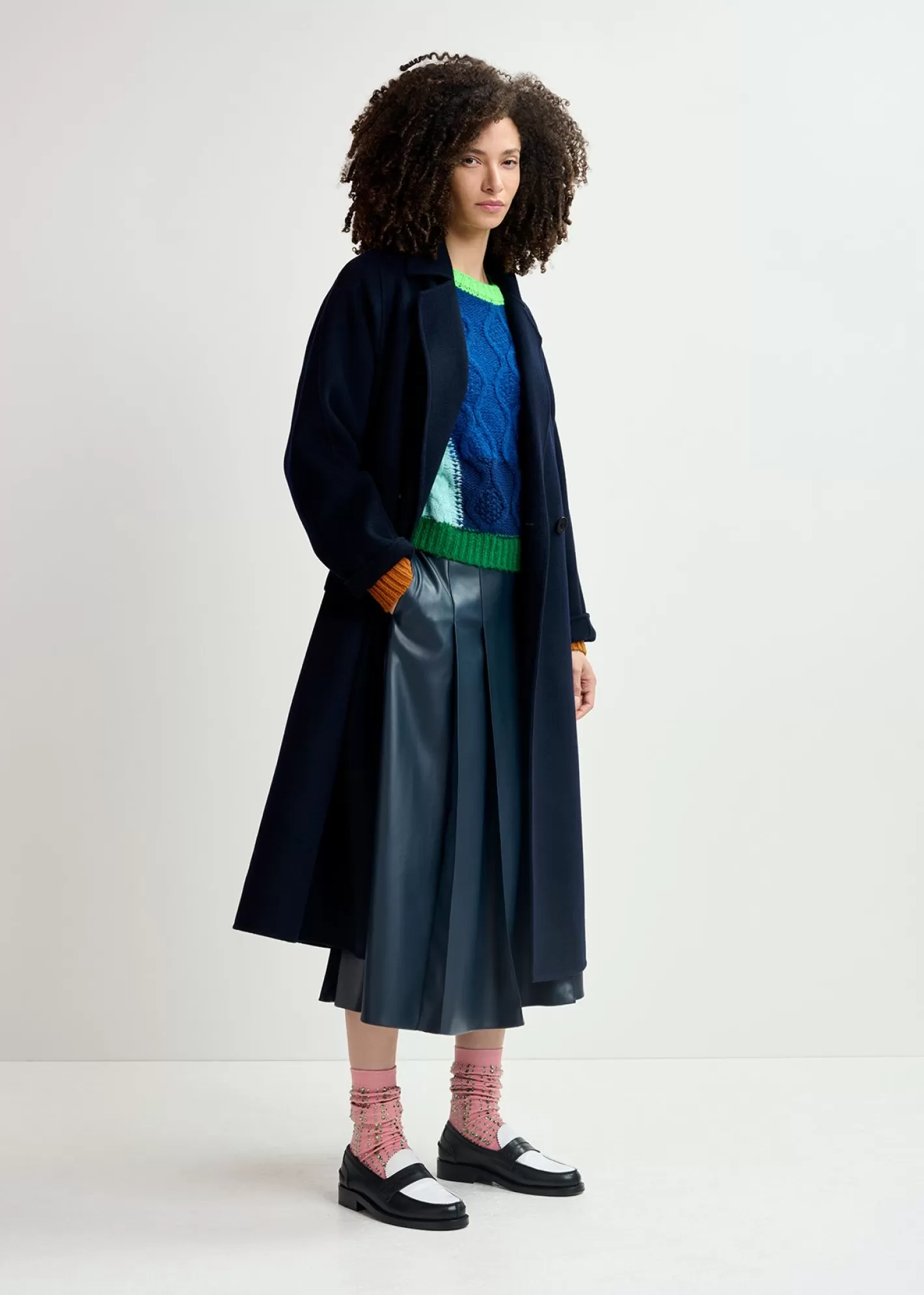 Hot Navy blue, green and neon pink cable-knitted patchwork sweater Fall 2024 Collection | Sweaters & Cardigans