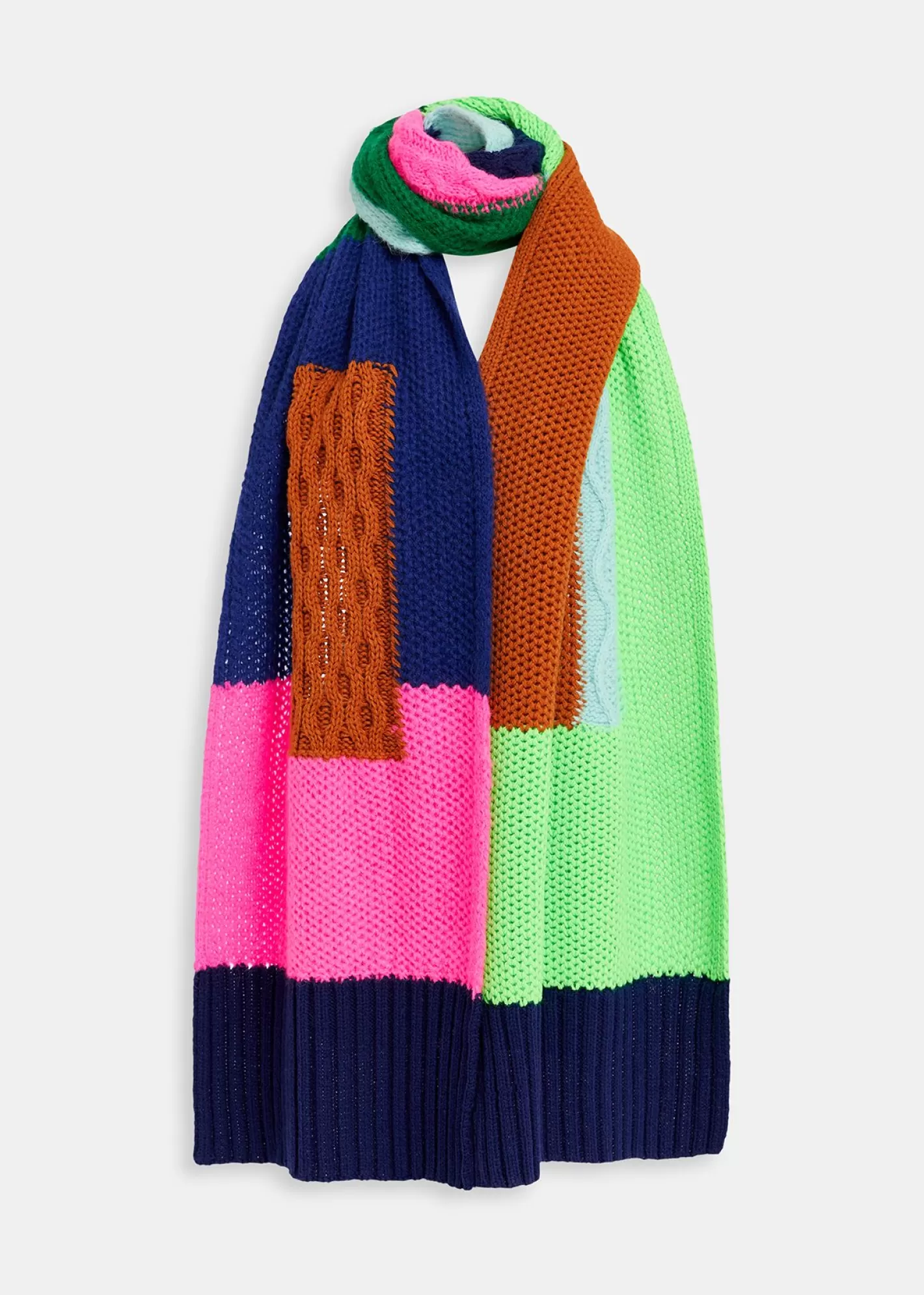 Best Navy blue, neon green and neon pink cable-knitted patchwork scarf Fall 2024 Collection | Scarves