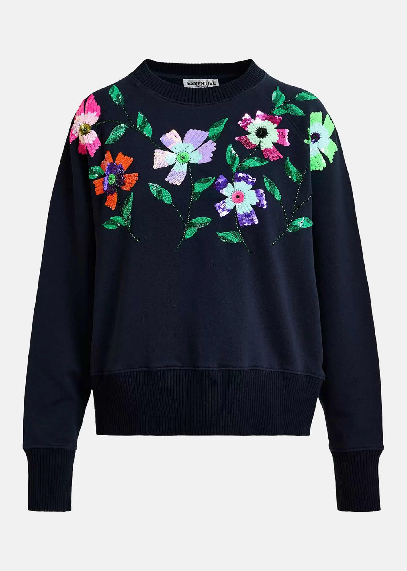 Cheap Navy blue organic cotton sweatshirt with sequin and beaded embroideries Fall 2024 Collection | Sweatshirts