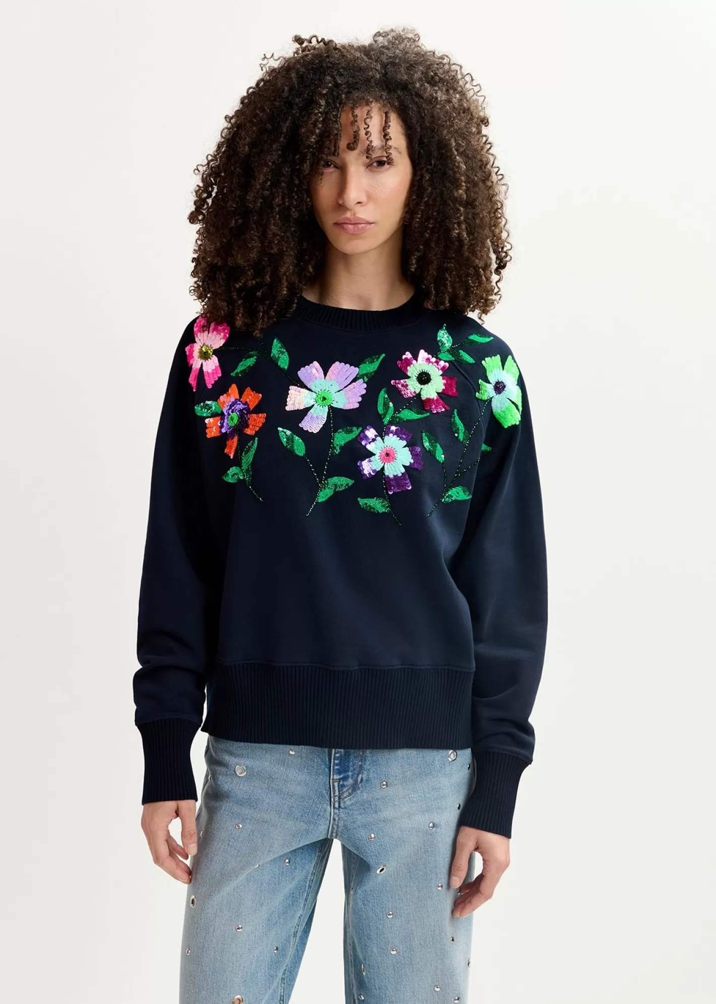 Cheap Navy blue organic cotton sweatshirt with sequin and beaded embroideries Fall 2024 Collection | Sweatshirts