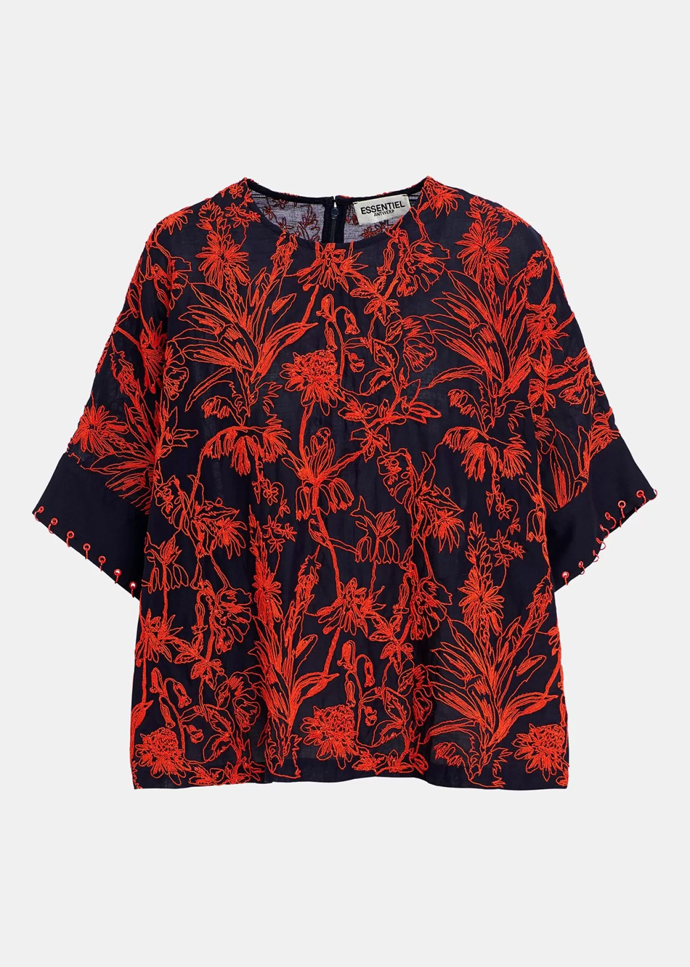 Clearance Navy blue oversized top with floral embroideries Fall 2024 Collection | Tops & Blouses