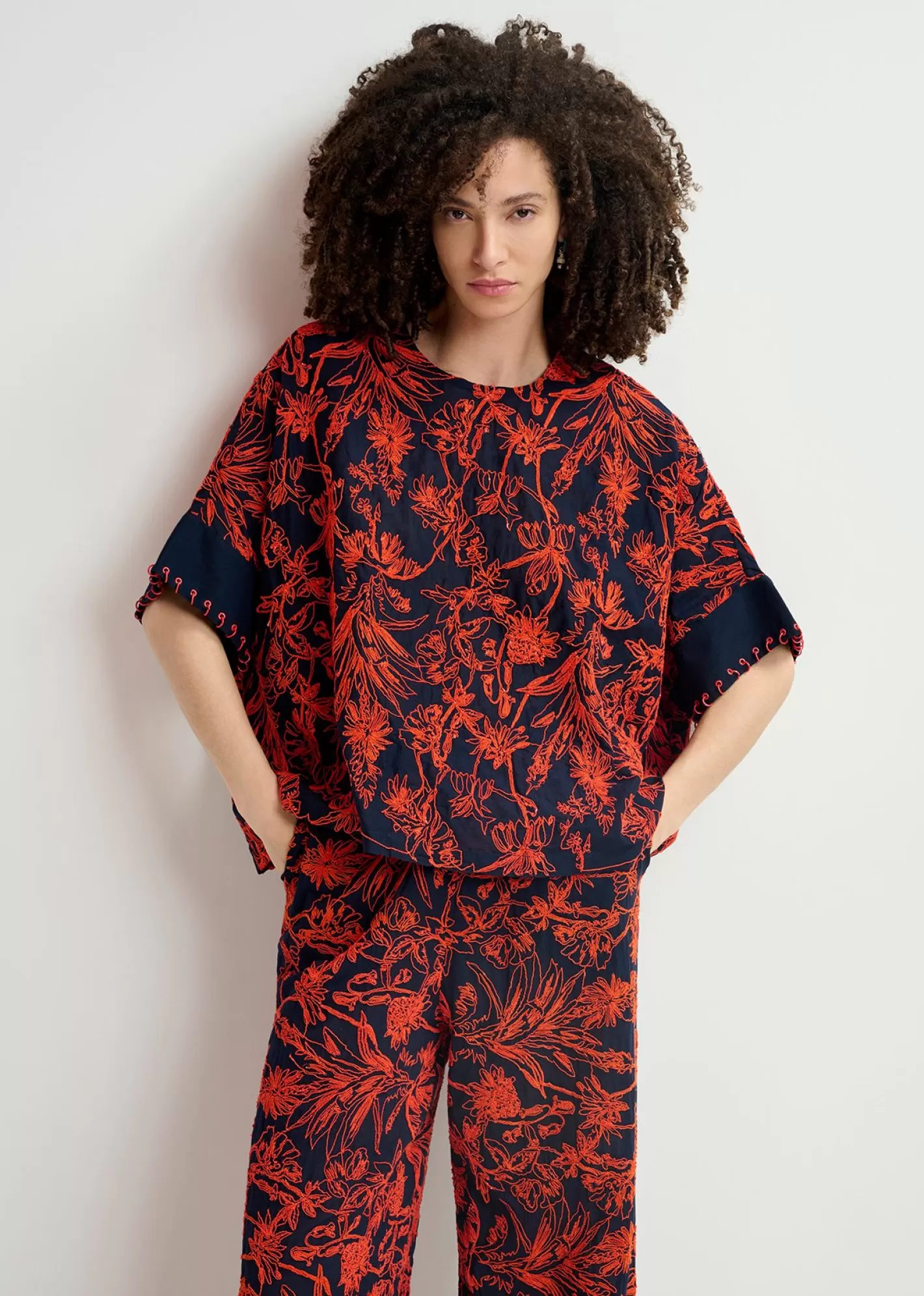 Clearance Navy blue oversized top with floral embroideries Fall 2024 Collection | Tops & Blouses