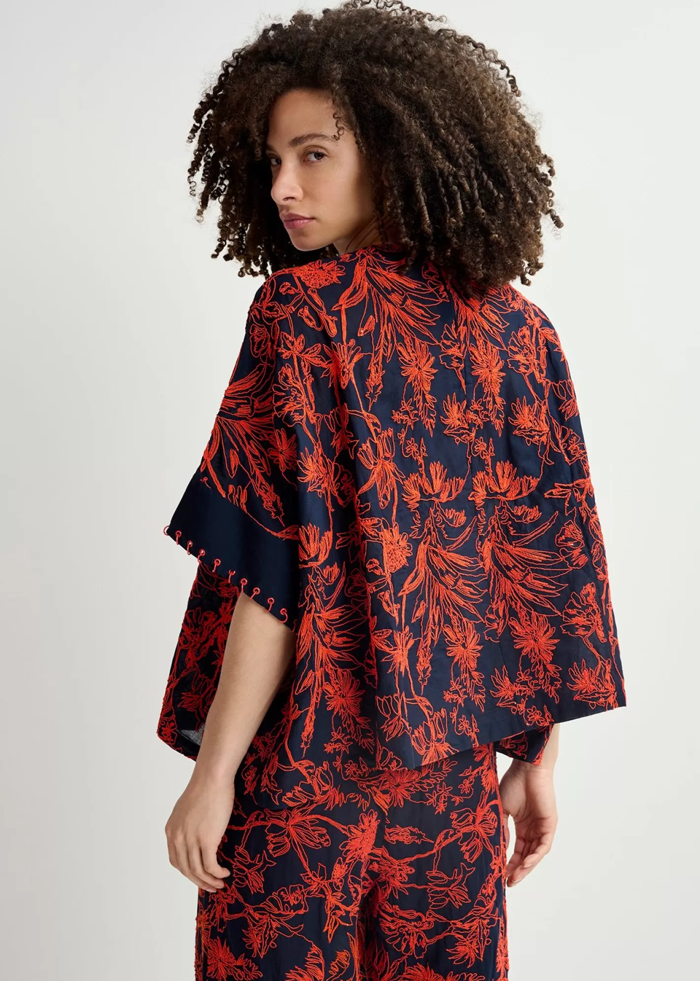 Clearance Navy blue oversized top with floral embroideries Fall 2024 Collection | Tops & Blouses