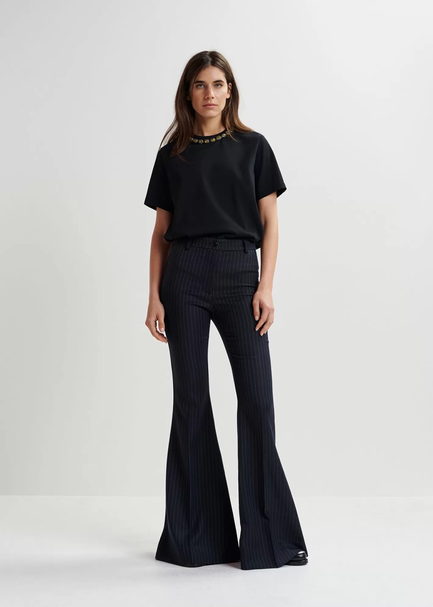 Cheap Navy blue pinstriped flared pants Fall 2024 Collection | Pants & Shorts
