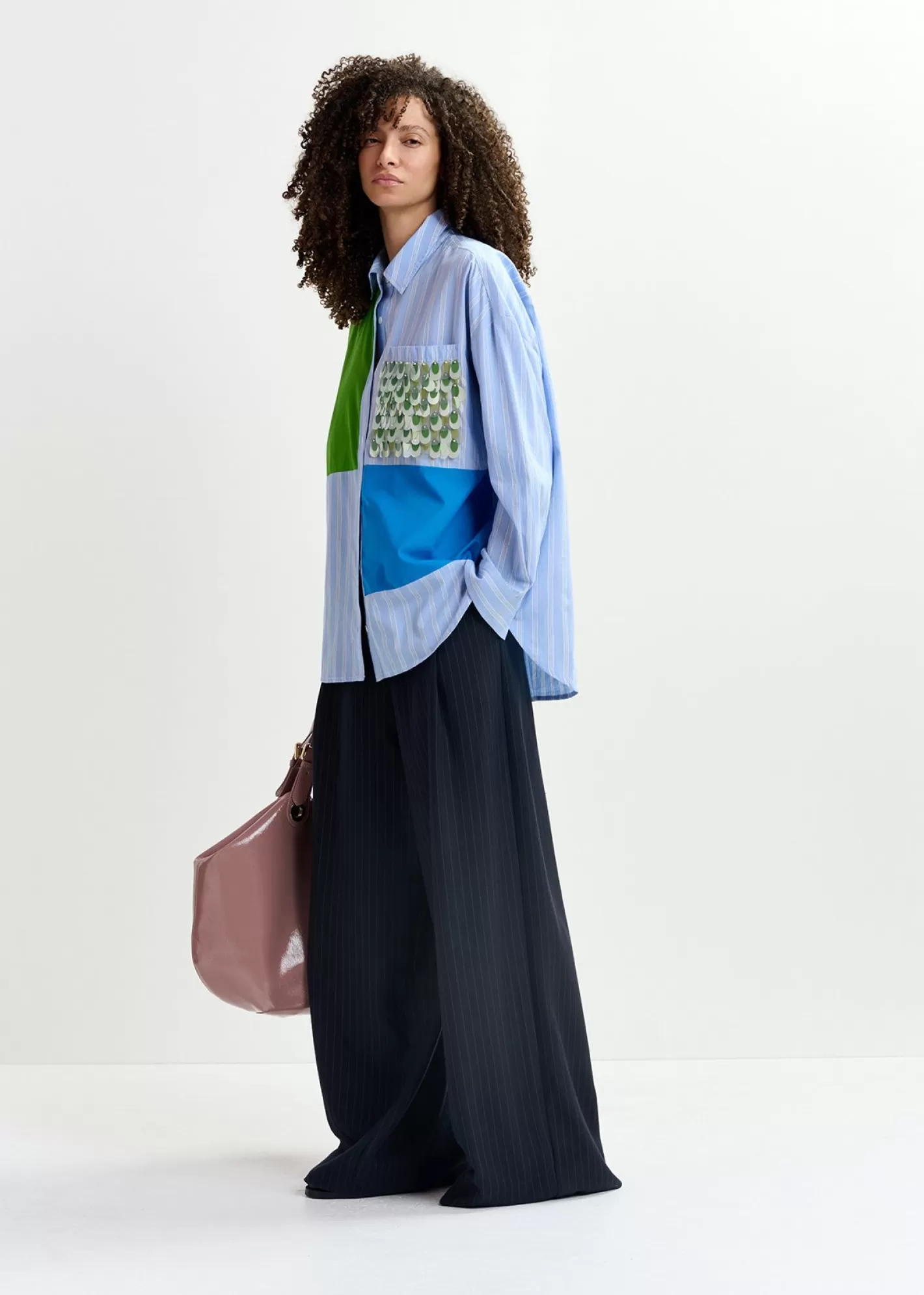 Discount Navy blue pinstriped wide-leg pants Fall 2024 Collection | Pants & Shorts
