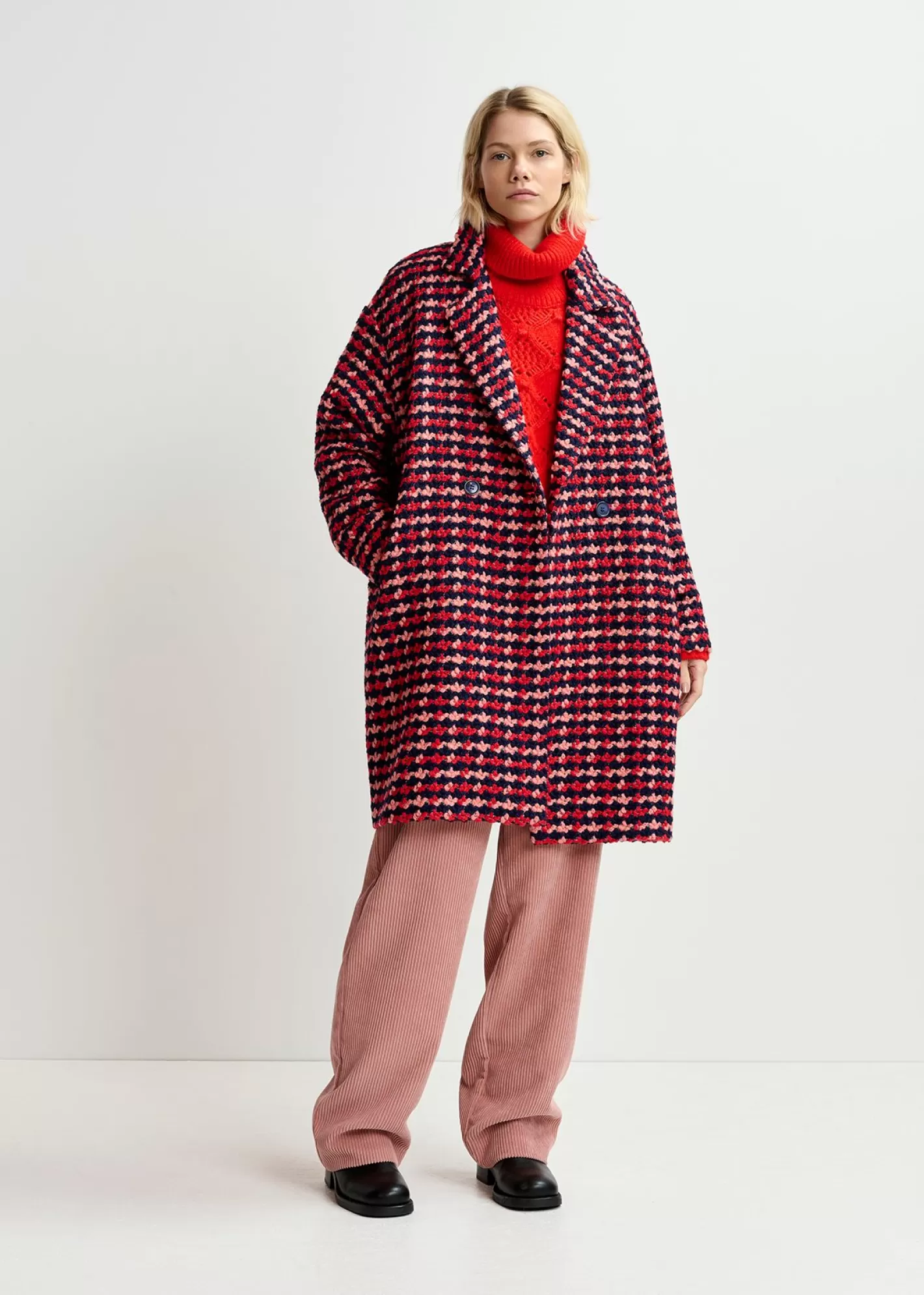 Hot Navy blue, red and peach wool-blend tweed coat Fall 2024 Collection | Coats & Jackets