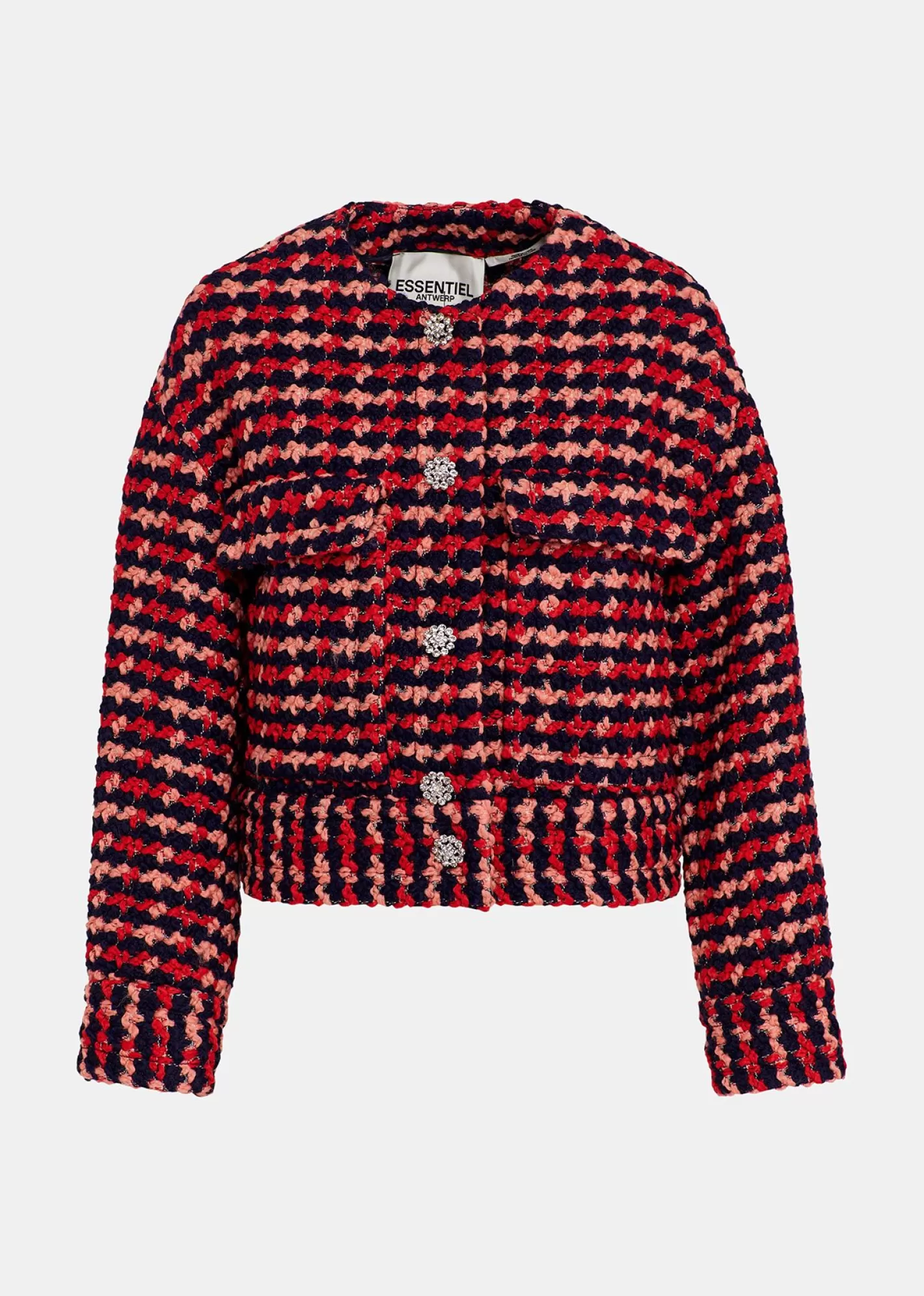 Shop Navy blue, red and peach wool-blend tweed jacket Fall 2024 Collection | Coats & Jackets