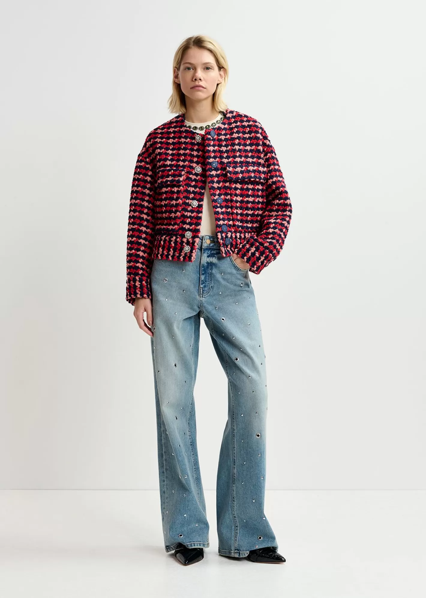 Shop Navy blue, red and peach wool-blend tweed jacket Fall 2024 Collection | Coats & Jackets