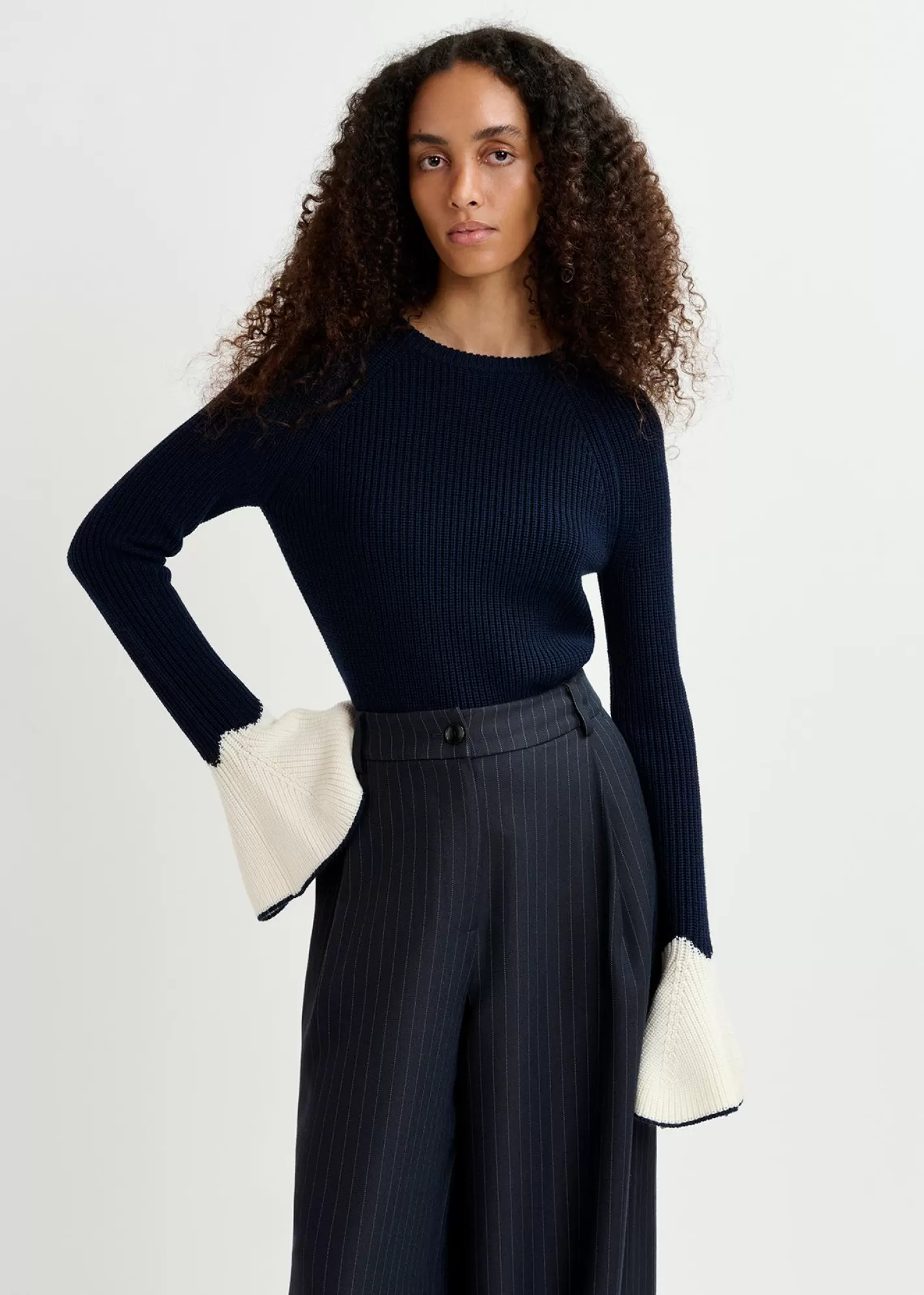 Flash Sale Navy blue rib-knitted sweater with flared cuffs Fall 2024 Collection | Sweaters & Cardigans