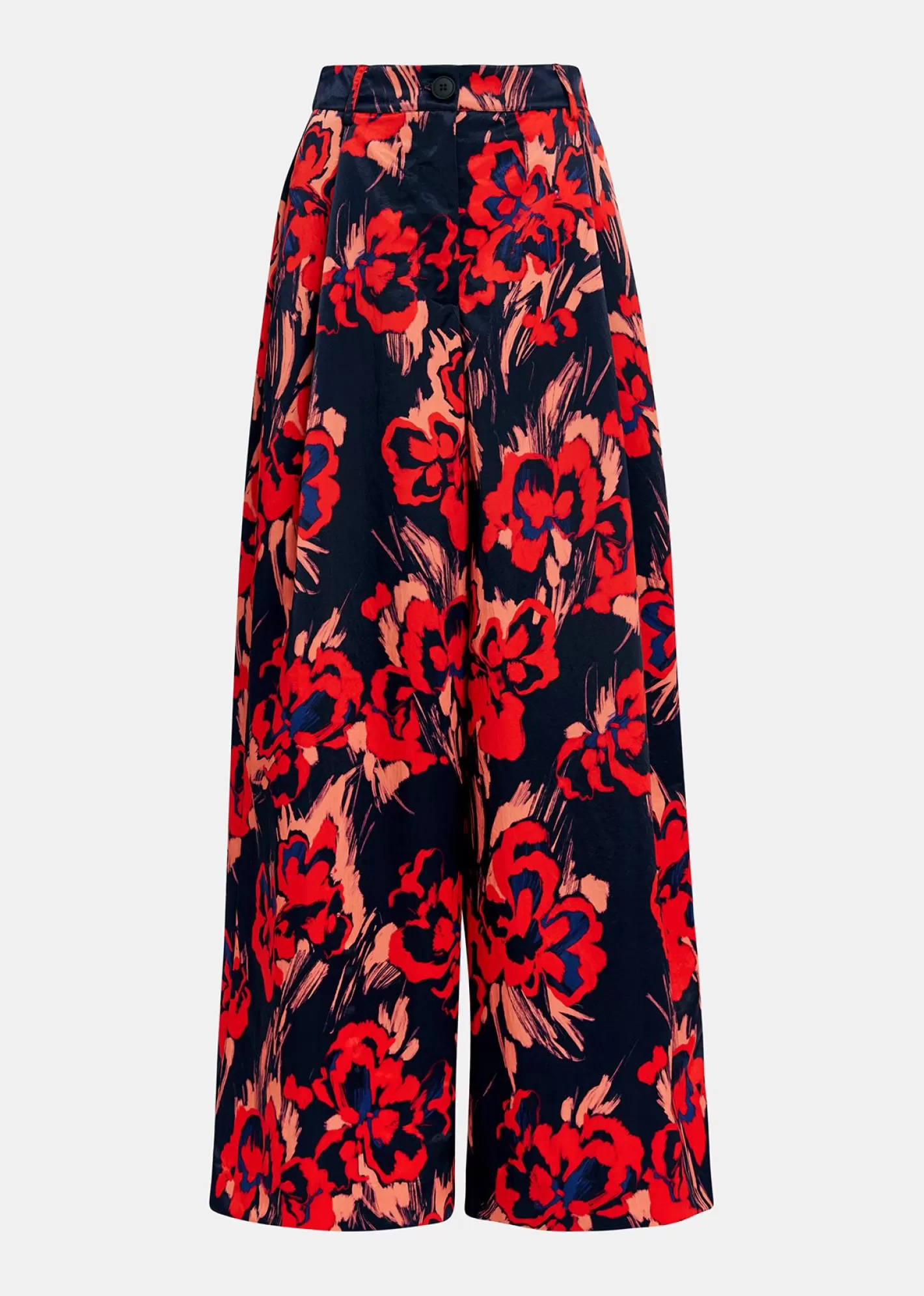 Clearance Navy blue satin wide-leg pants with floral print Fall 2024 Collection | Prints