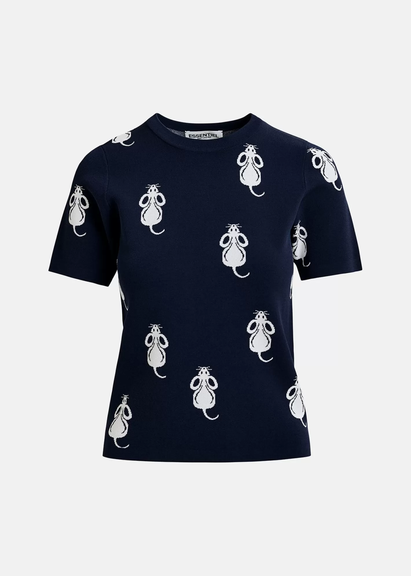 Shop Navy blue short-sleeved knitted top with mice pattern Prints | Sweaters & Cardigans