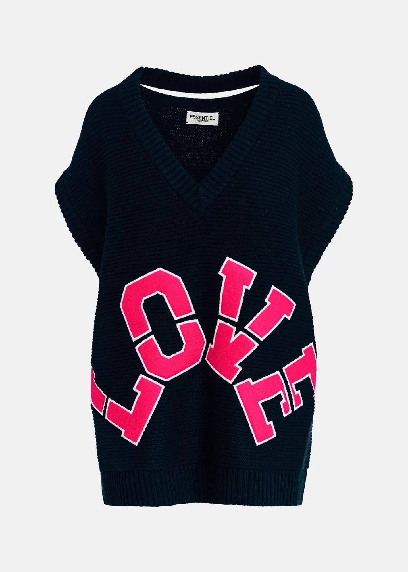 Fashion Navy blue sleeveless knit sweater with "love" appliqué Fall 2024 Collection | Sweaters & Cardigans