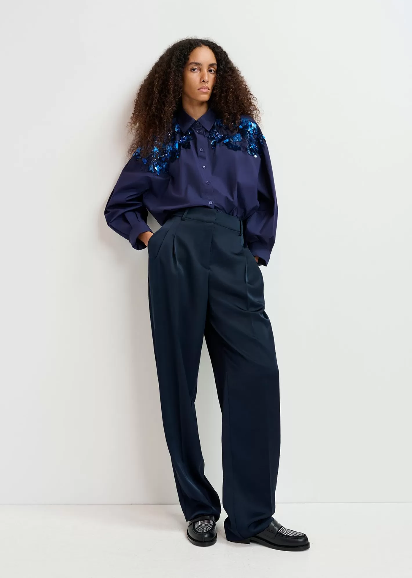 Hot Navy blue tapered-leg satin pants Fall 2024 Collection | Pants & Shorts