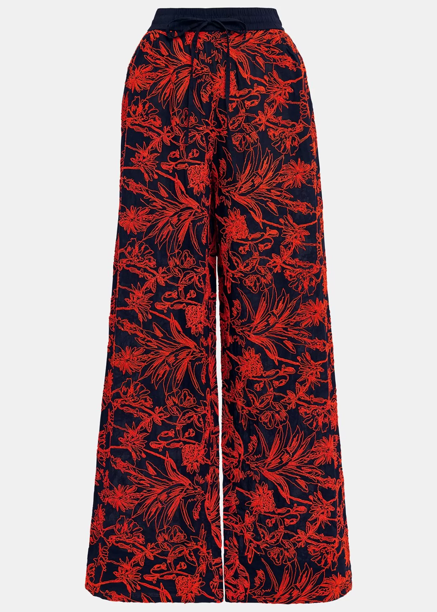 Flash Sale Navy blue wide-leg pants with floral embroideries Fall 2024 Collection | Pants & Shorts