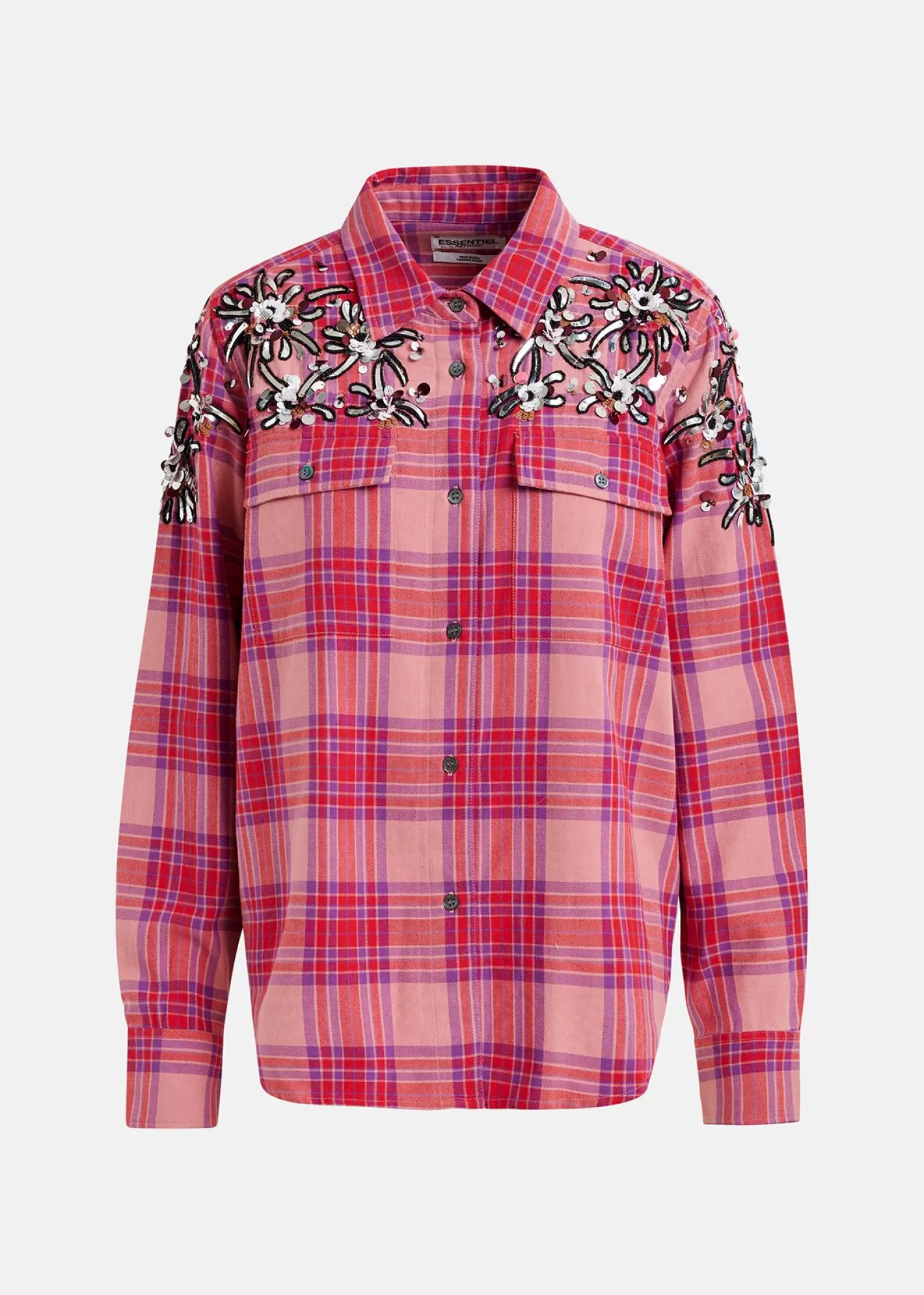 Hot Peach checked cotton shirt with embroidery Fall 2024 Collection | Tops & Blouses