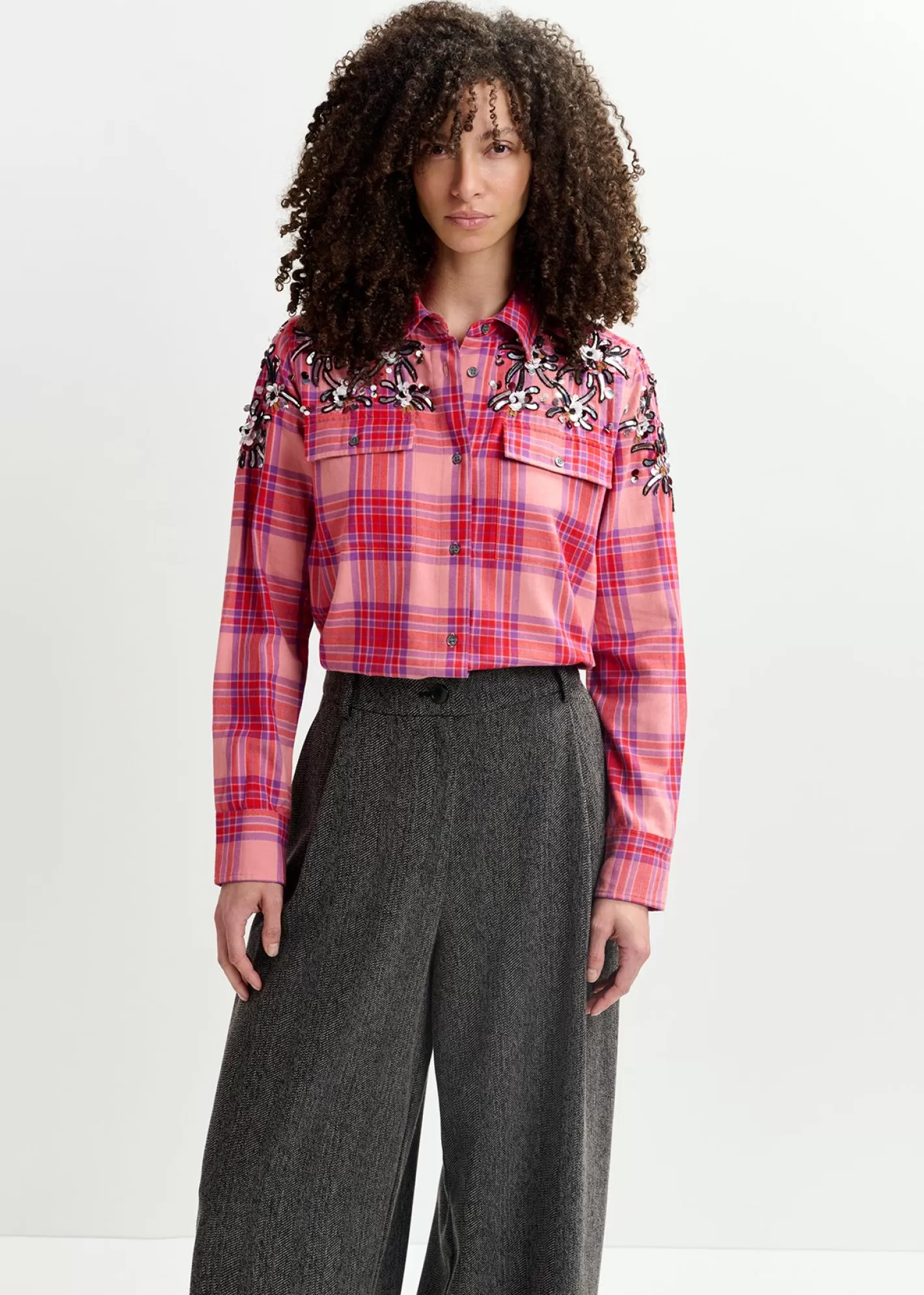 Hot Peach checked cotton shirt with embroidery Fall 2024 Collection | Tops & Blouses