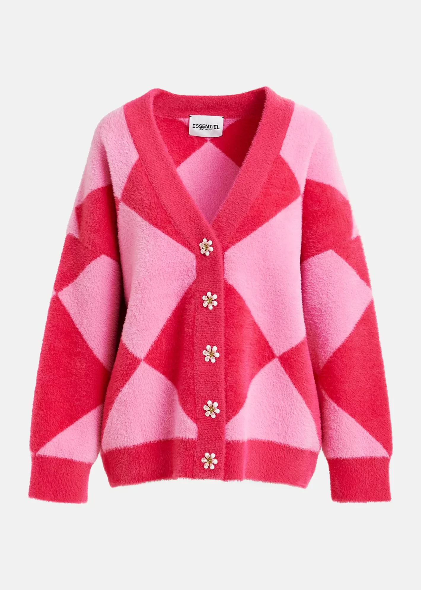 Online Pink harlequin-patterned knit cardigan with flower-shaped buttons Prints | Sweaters & Cardigans