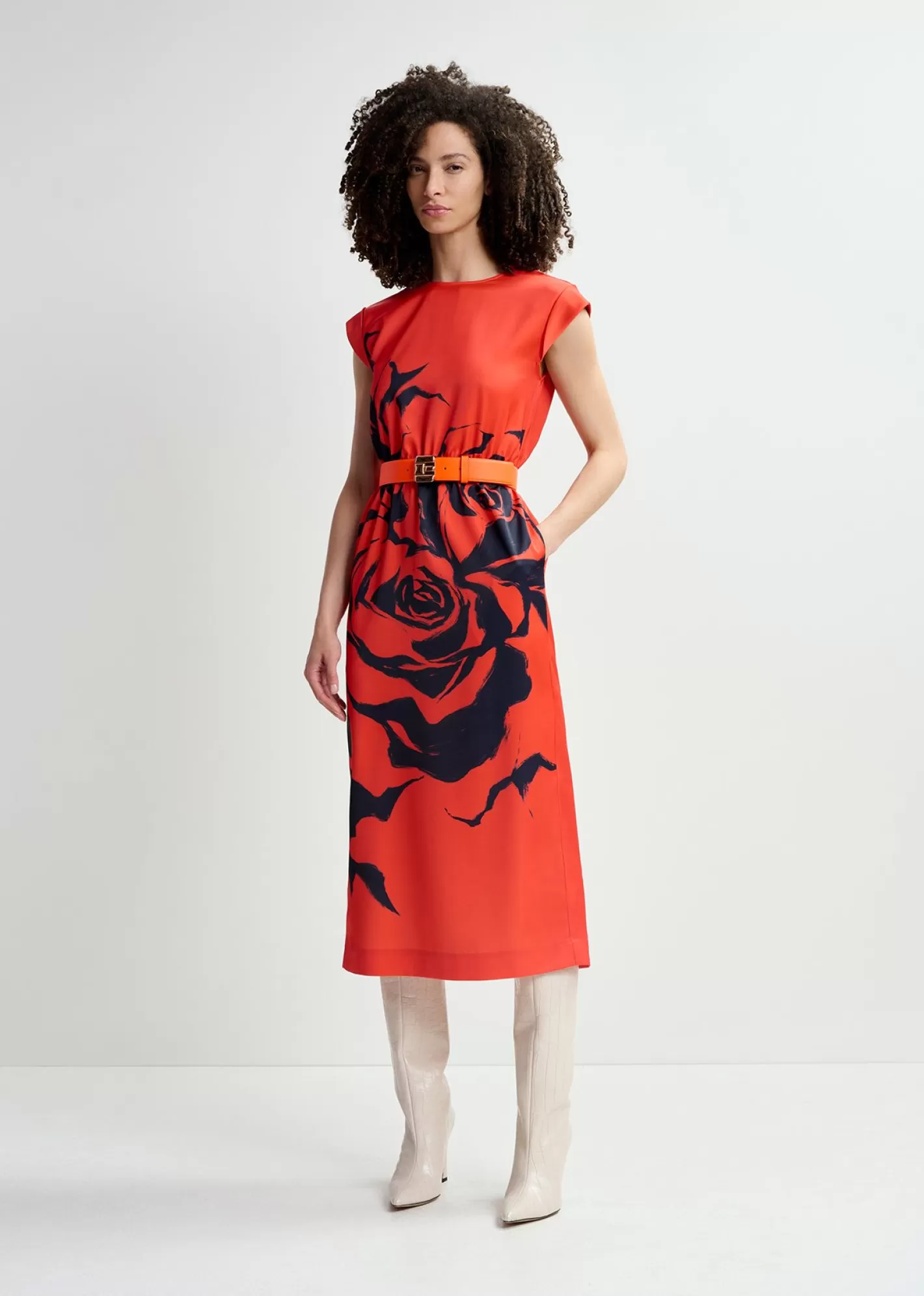 Flash Sale Red midi-length dress with floral print Fall 2024 Collection | Prints
