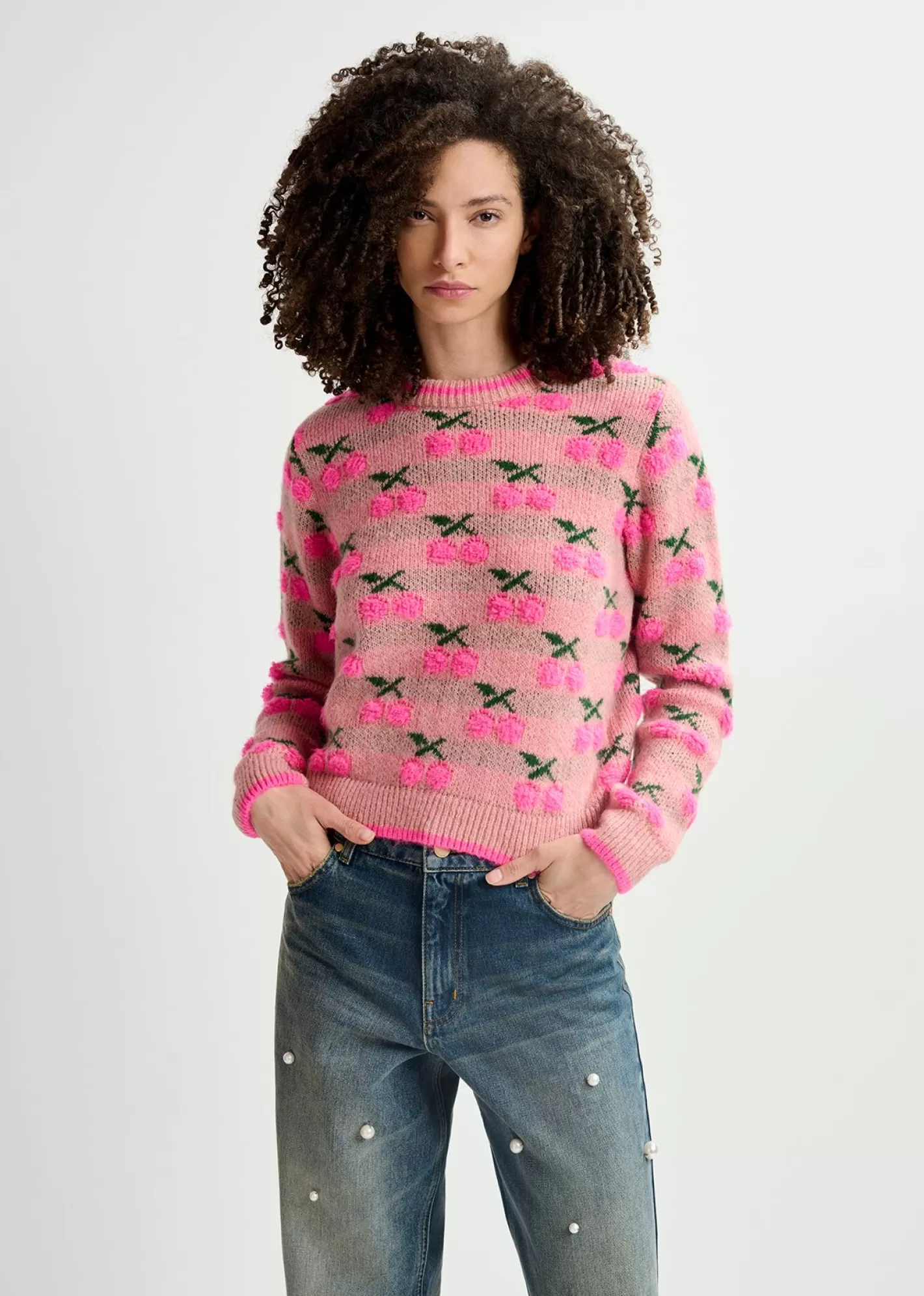 Cheap Vintage pink intarsia-knitted sweater with cherry pattern Prints | Sweaters & Cardigans