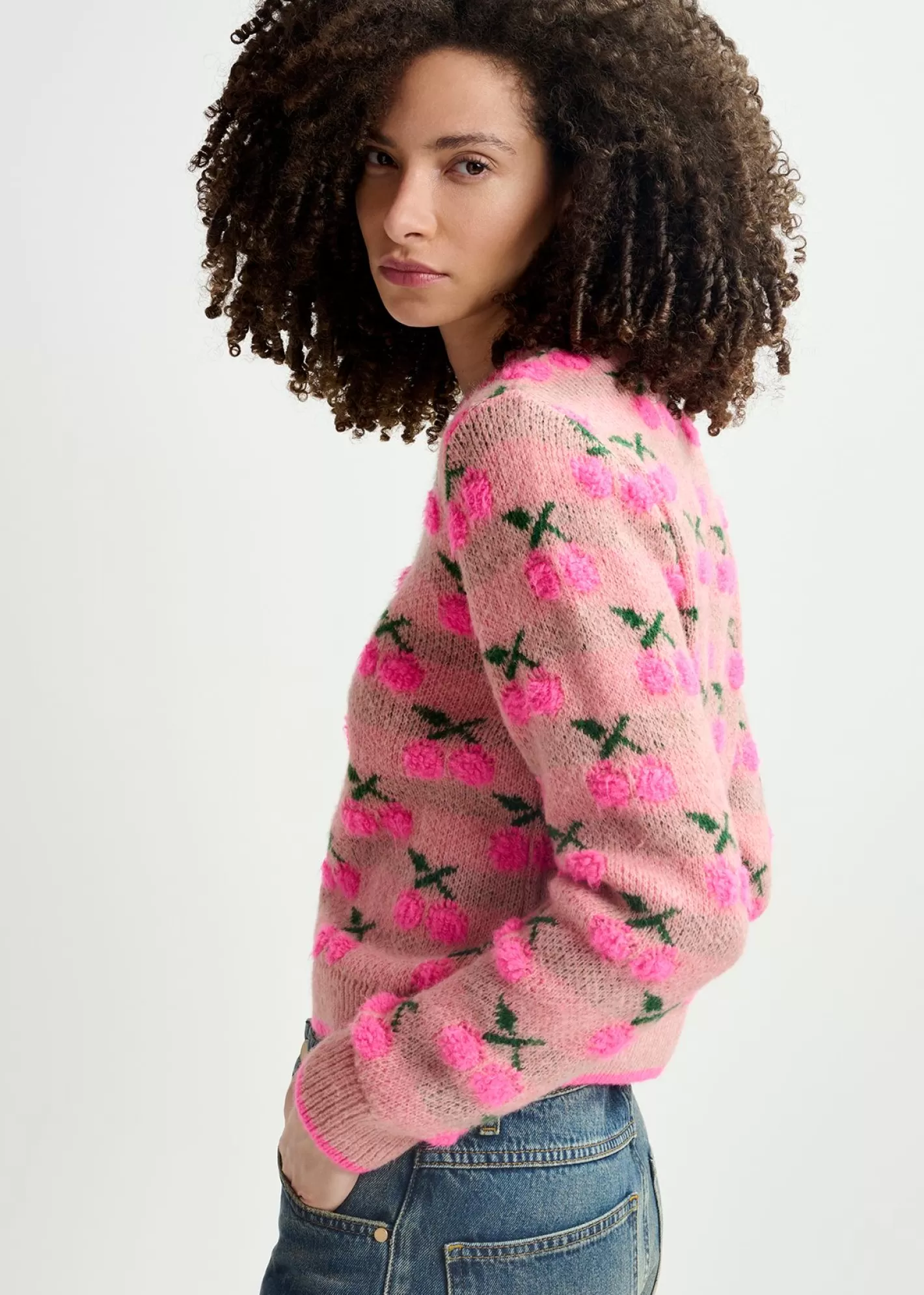 Cheap Vintage pink intarsia-knitted sweater with cherry pattern Prints | Sweaters & Cardigans