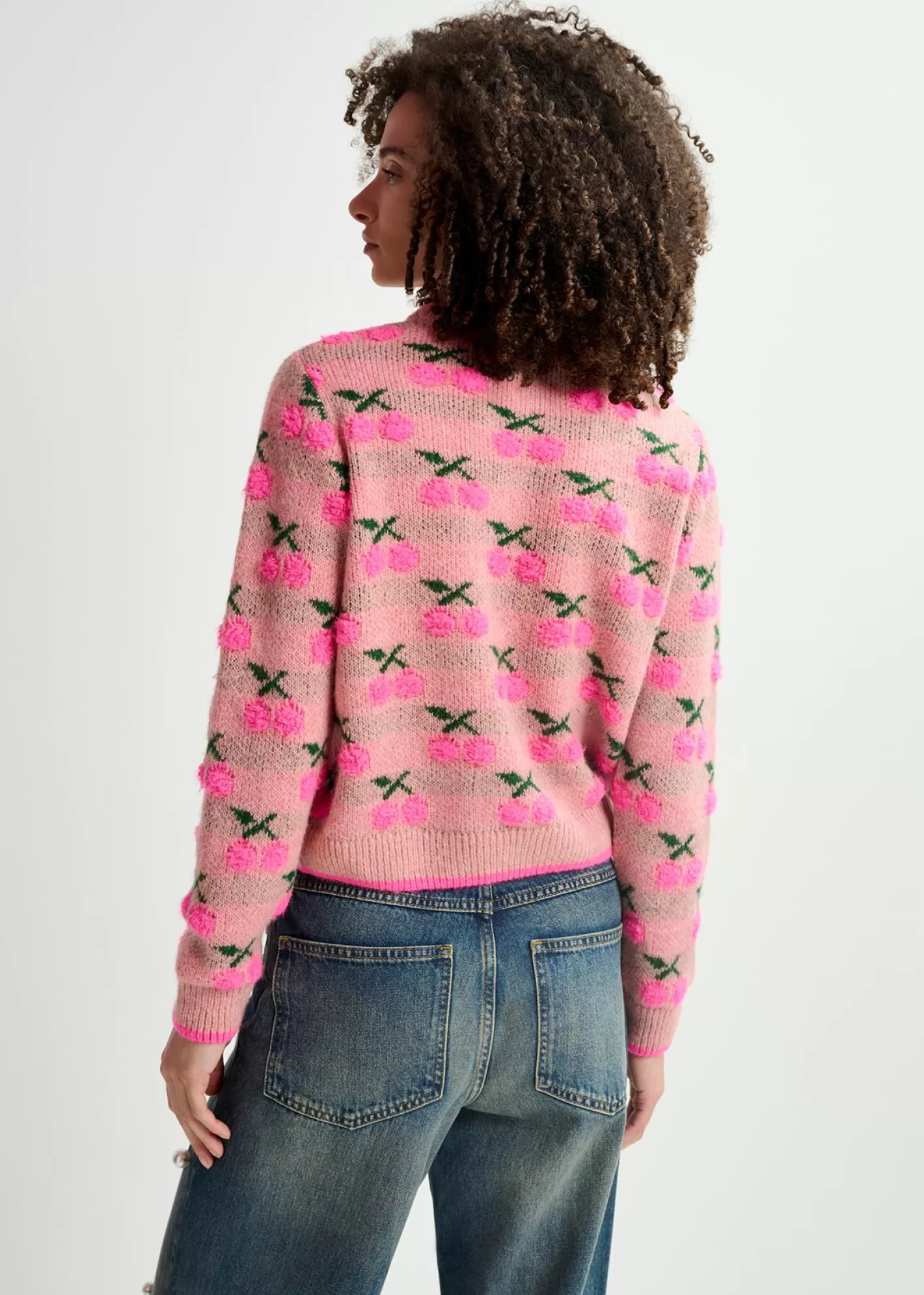 Cheap Vintage pink intarsia-knitted sweater with cherry pattern Prints | Sweaters & Cardigans