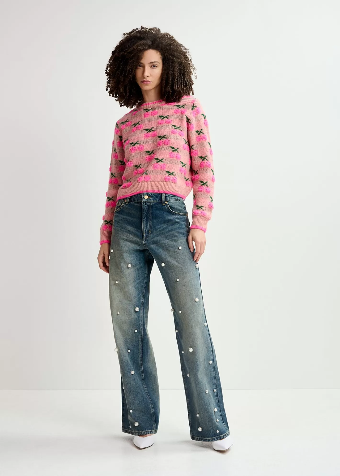 Cheap Vintage pink intarsia-knitted sweater with cherry pattern Prints | Sweaters & Cardigans