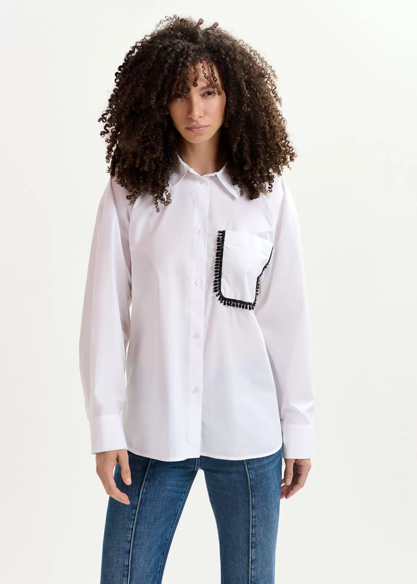 Cheap White cotton shirt with beaded embroidery Fall 2024 Collection | Tops & Blouses