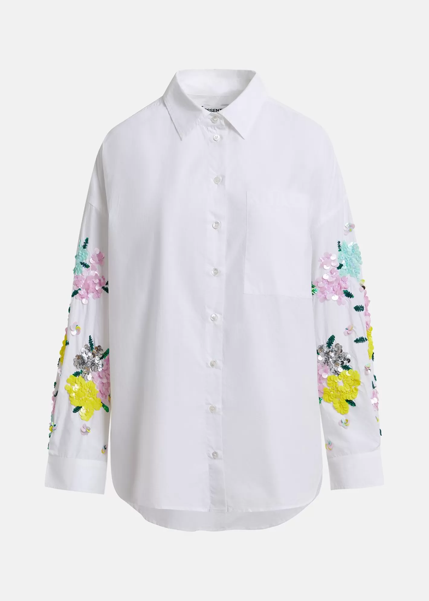 Fashion White cotton shirt with floral sequin embroideries Fall 2024 Collection | Tops & Blouses