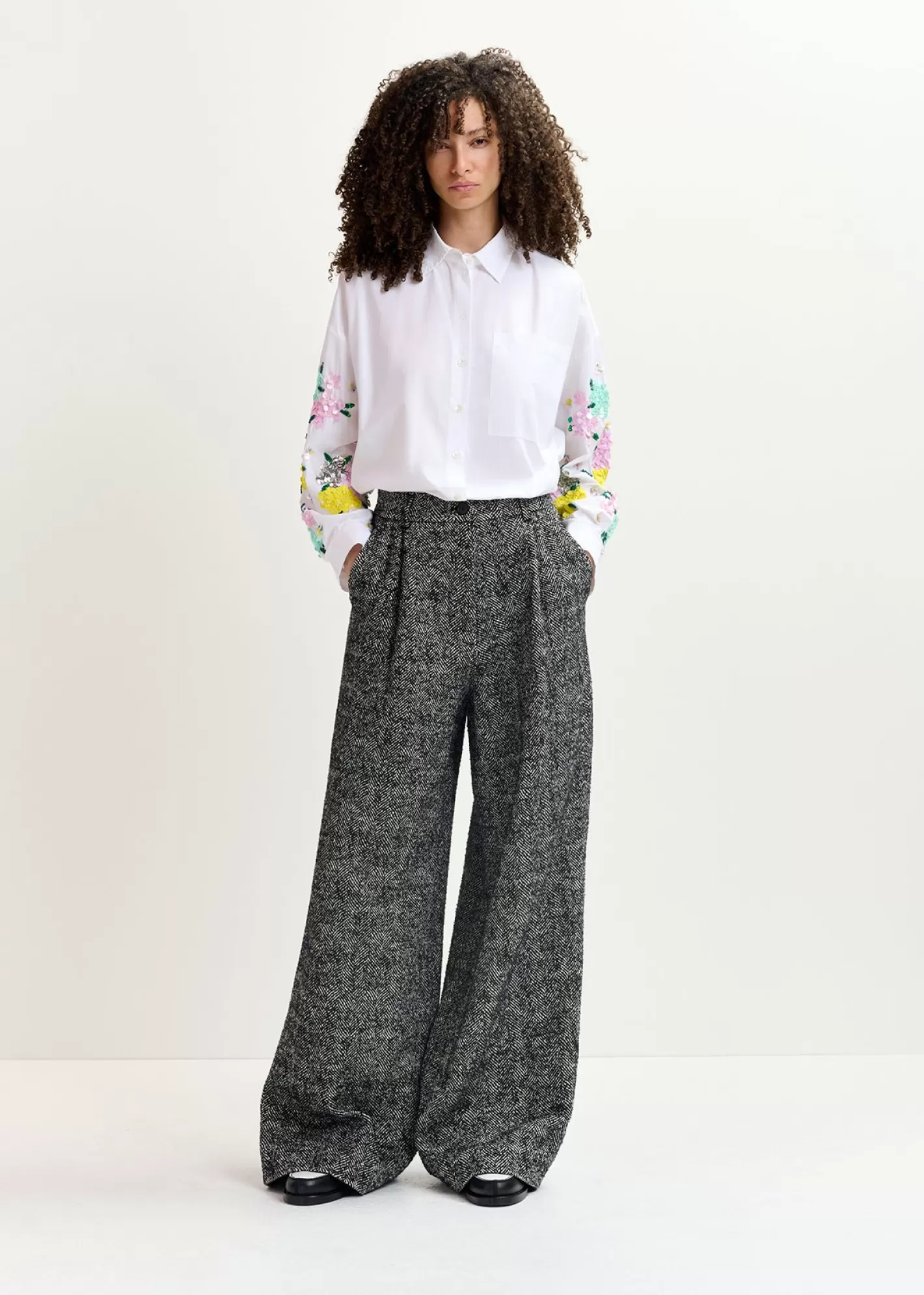 Fashion White cotton shirt with floral sequin embroideries Fall 2024 Collection | Tops & Blouses